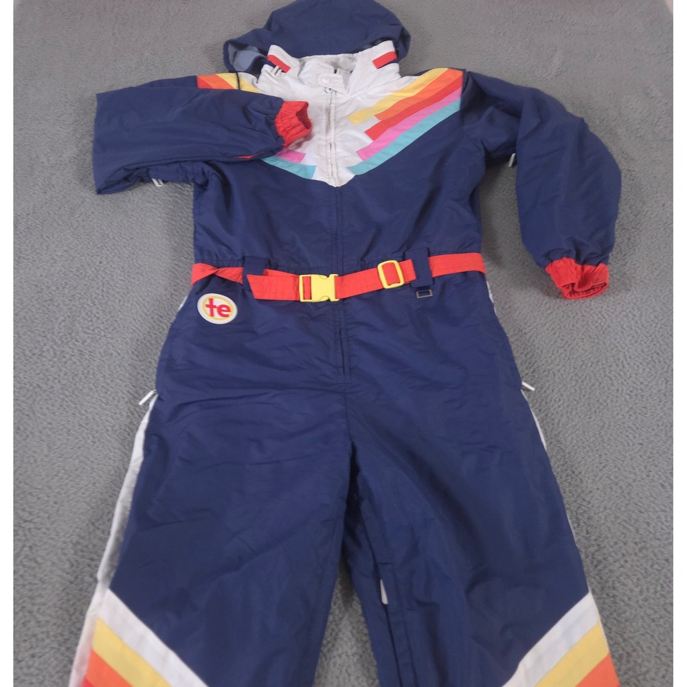 Tipsy Elves Snow Suit Men XL Navy Rainbow Chevron Belted Snow Retro Ski Suit 80s